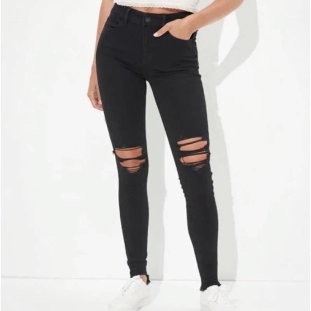 American Eagle The Dream Jean Hi Rise Jegging Distressed Black Women's 4